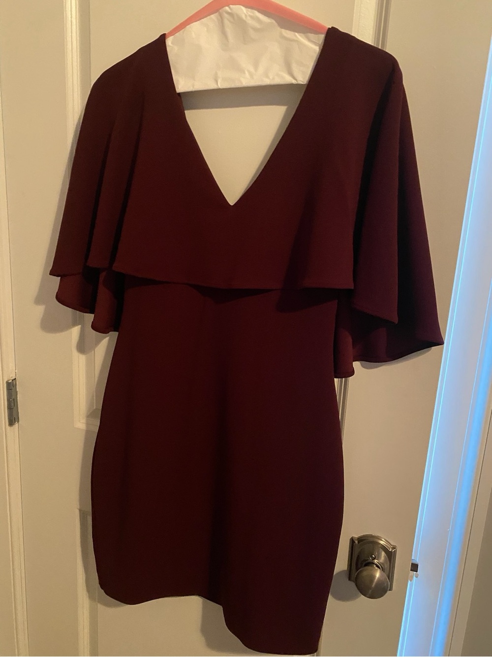 Badgley Mischka Burgundy V-Neck Cape Sleeve Mini Dress